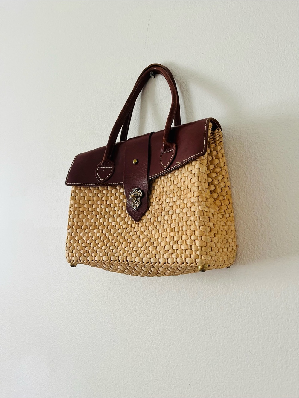 Brown Leather & Natural Woven Tote Handbag 10/13 Inches - Picture 3 of 10